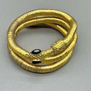 Vintage Snake Coil Bracelet Women Gold Tone Black Stone Eyes Wrap Statement